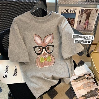 Áo Thun 100% cotton Tay Ngắn Cổ Tròn Dáng Rộng In Hình Thỏ Xám Thời Trang Mùa Hè AA5493 Cho Nữ 2023