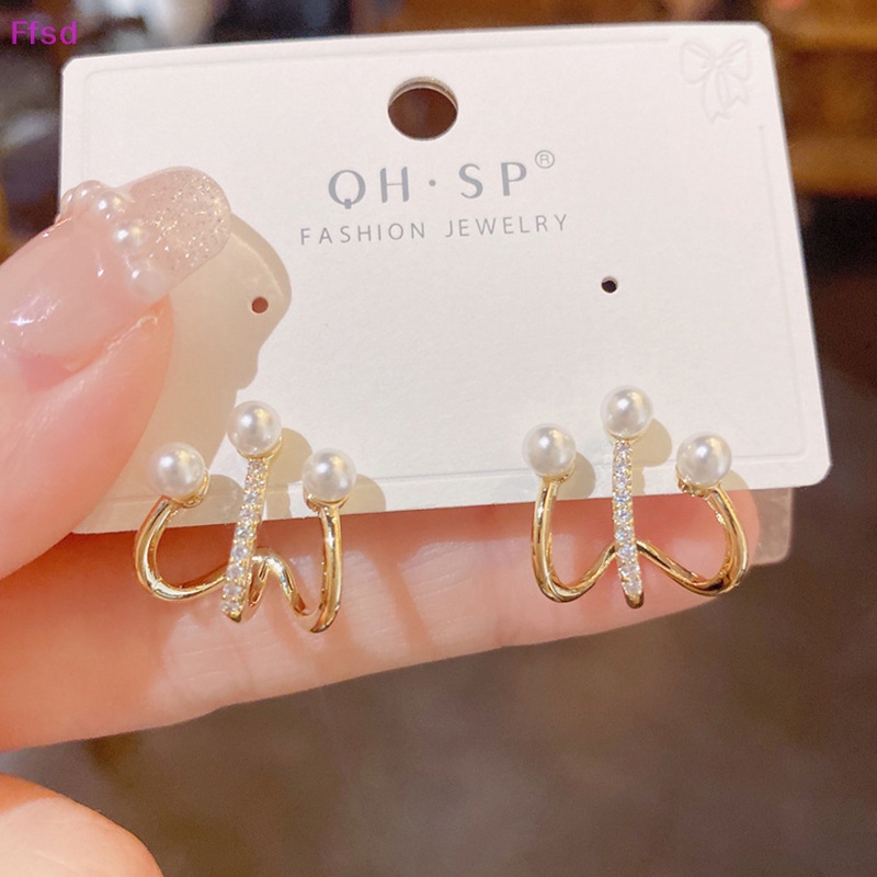 {Ffsd} Bông Tai Kim Loại Hình Học Đính Ngọc Trai Pha Lê Lấp Lánh Phong Cách Hàn Quốc Ngọt Ngào Cho Nữ