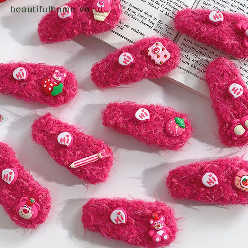 [beautifulhome] Kẹp Tóc Mái Bằng Lông Giả Họa Tiết Dâu Tây / Gấu Hoạt Hình Dễ Thương Ngọt Ngào Cho Nữ [Đẹp]