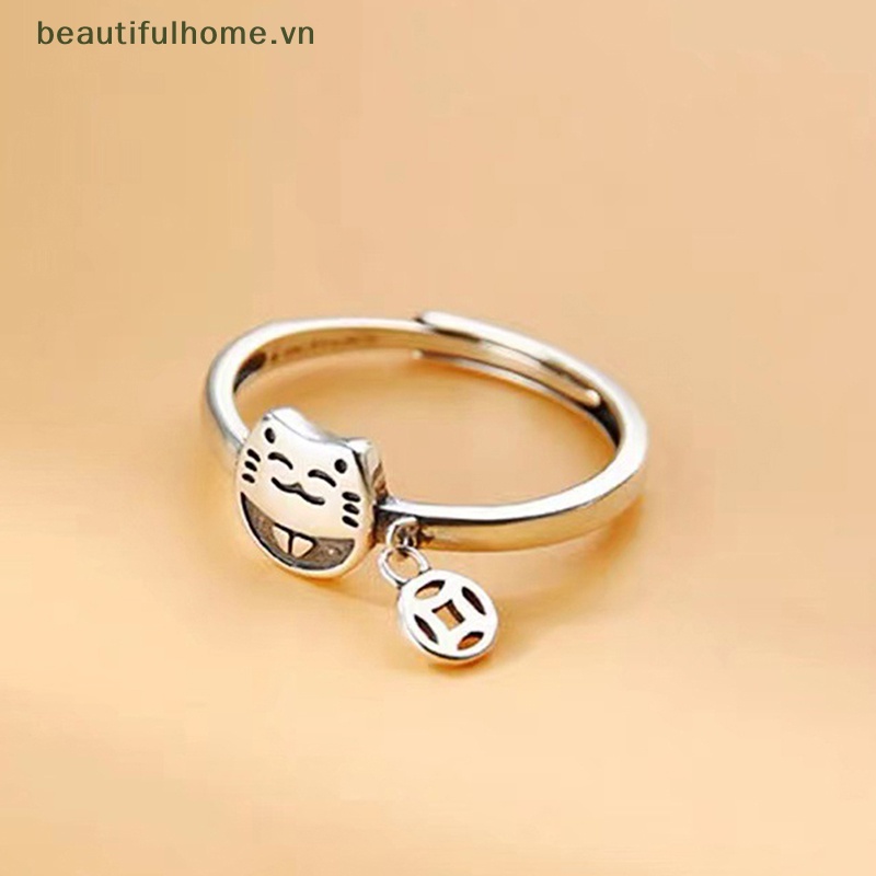 Nhẫn Bạc S925 Hình Mèo May Mắn Có Thể Điều Chỉnh Màu Sắc Dành Cho Nam Và Nữ