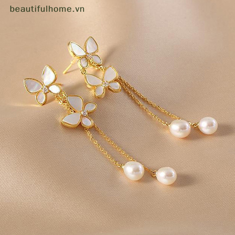 1 Đôi Bông Tai Dáng Dài Hình Bướm Đính Ngọc Trai Lãng Mạn Thời Trang Cho Nữ