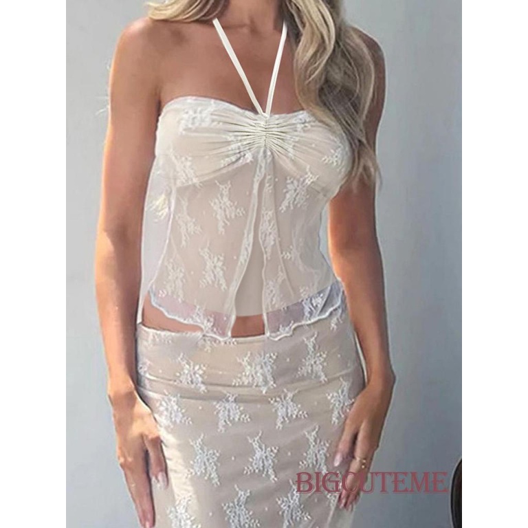 Áo Crop Top Hai Dây Phối Ren Họa Tiết Hoa Thời Trang Mùa Hè Cho Nữ