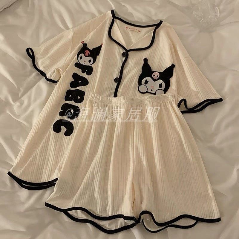 Bộ Đồ Ngủ Tay Ngắn In Hoạt Hình Kuromi Dễ Thương Thời Trang Mùa Hè Cho Nữ