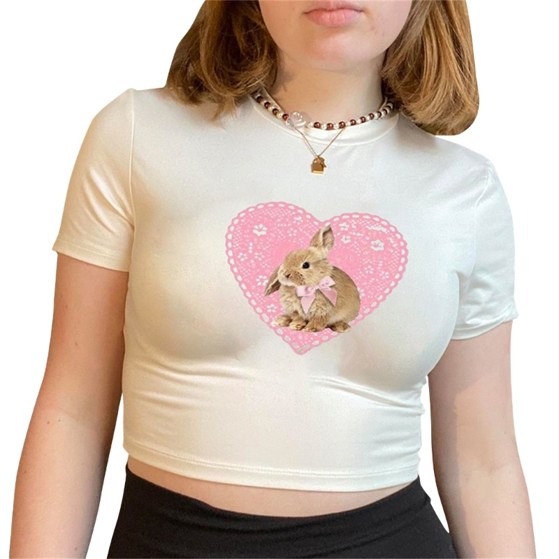 Áo Thun Croptop Tay Ngắn In Hình Thỏ Dễ Thương Cho Nữ