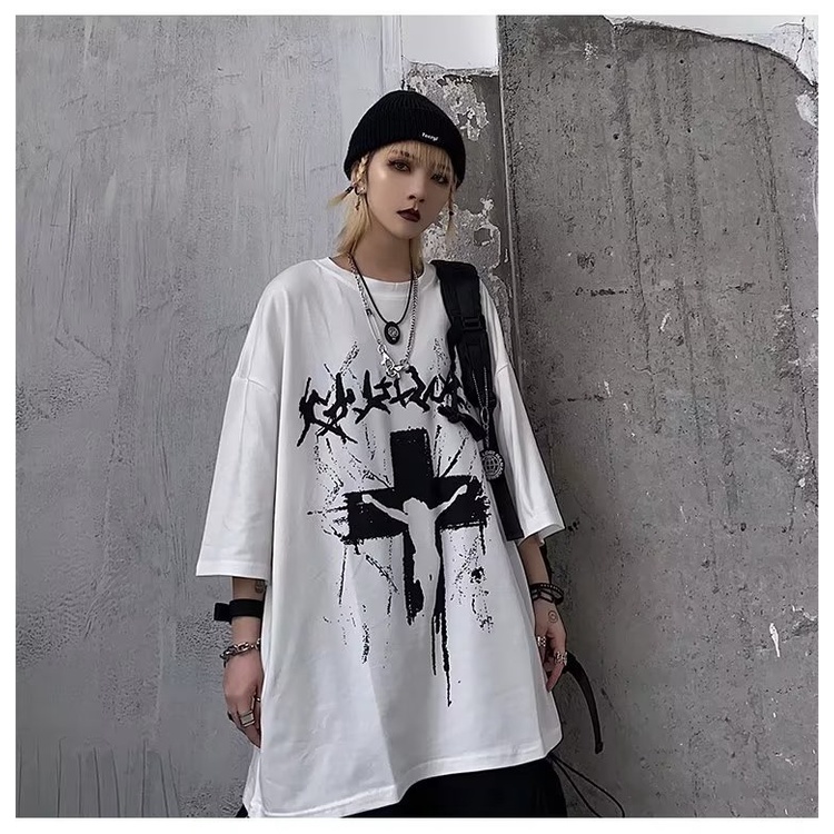 Áo Thun Tay Lỡ Dáng Rộng In Chữ Thập Phong Cách Đường Phố Thời Trang Mùa Hè Cho Nam