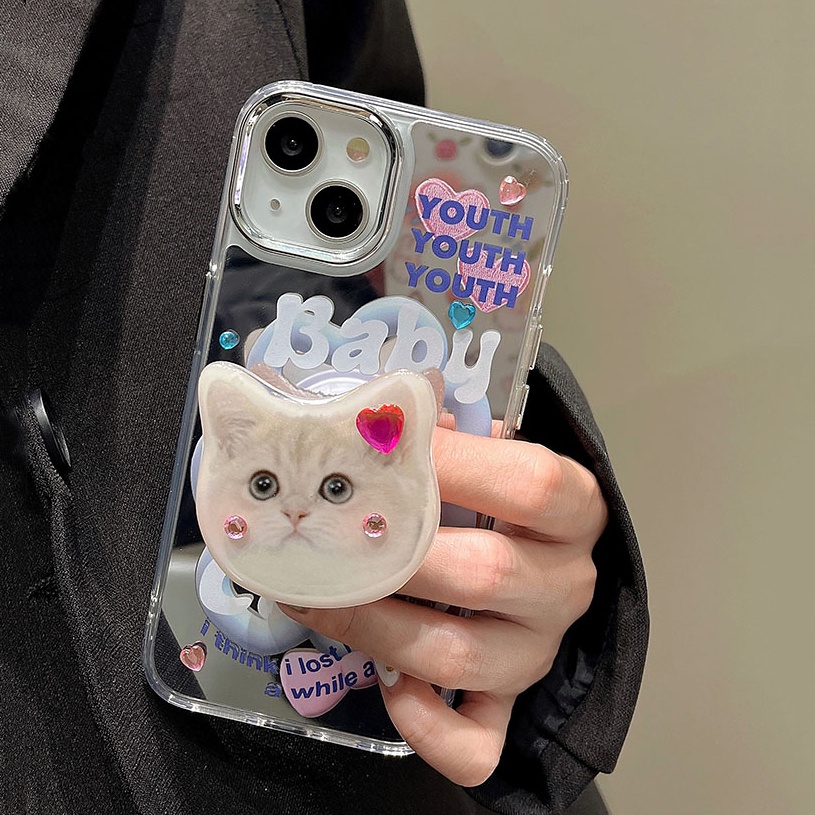 Ốp Điện Thoại Mềm Chống Sốc Tráng Gương In Hình Mèo Hoạt Hình Dễ Thương Có Giá Đỡ Cho iPhone 14 13 12 11 Pro Max 14 Plus
