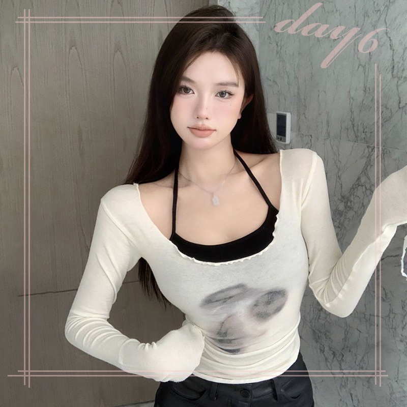 Set Áo Thun Lửng Tay Dài + Áo Dây Thời Trang Dành Cho Nữ