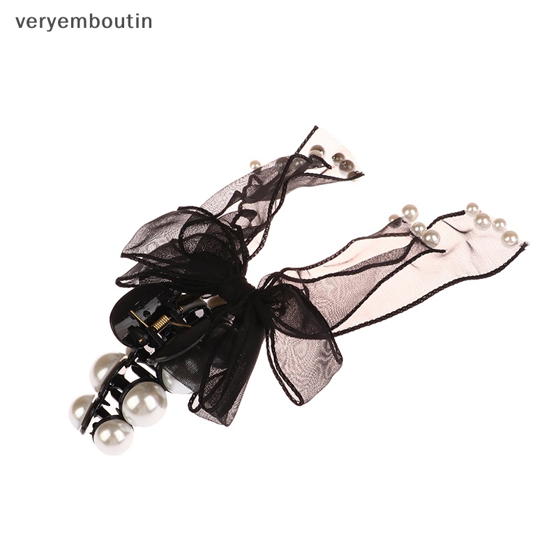 Kẹp Tóc Nơ To Đính Ngọc Trai Màu Đen Thời Trang Thanh Lịch