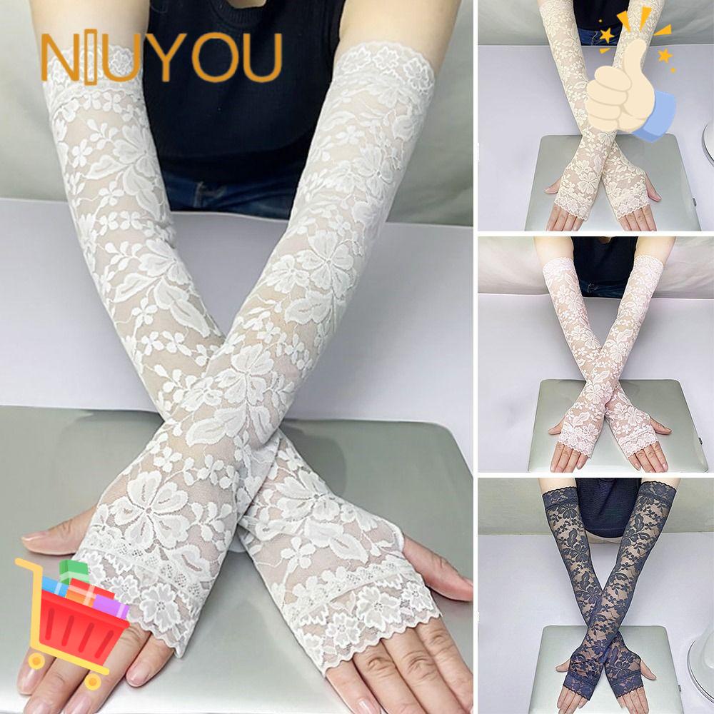 Găng Tay Dài Hở Ngón Phối Ren Hở Ngón Thời Trang Mùa Hè Dùng Khi Đạp Xe