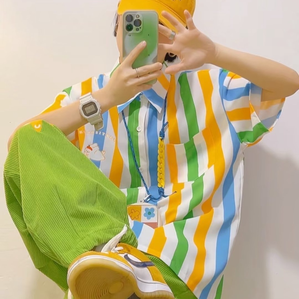 Maolijun Áo Sơ Mi Chiffon Tay Ngắn Kẻ Sọc In Hoa Tươi Tắn Mùa Hè Cho Thanh Thiếu Niên Mỹ