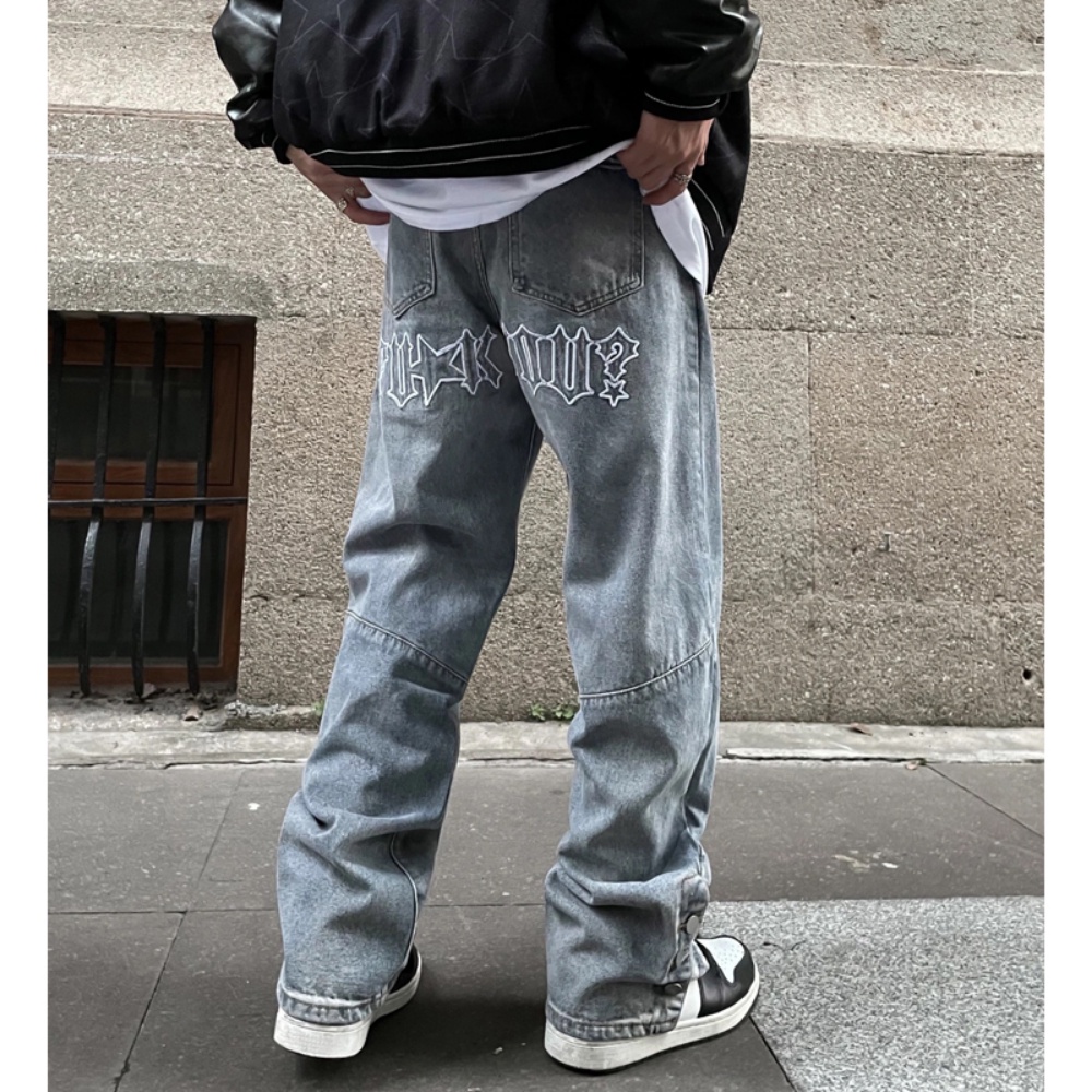 Quần Denim Ống Rộng Thêu Họa Tiết Phong Cách hiphop Đường Phố Mỹ
