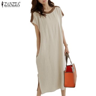 Zanzea Đầm Midi Ngắn Tay Cổ Tròn Xẻ Tà Phong Cách Hàn Quốc Dành Cho Nữ