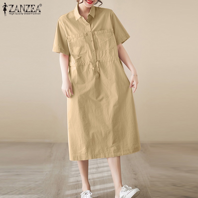 ZANZEA Đầm Tay Ngắn Màu Trơn Cổ Bẻ Rút Dây Thời Trang Hàn Quốc Cho Nữ