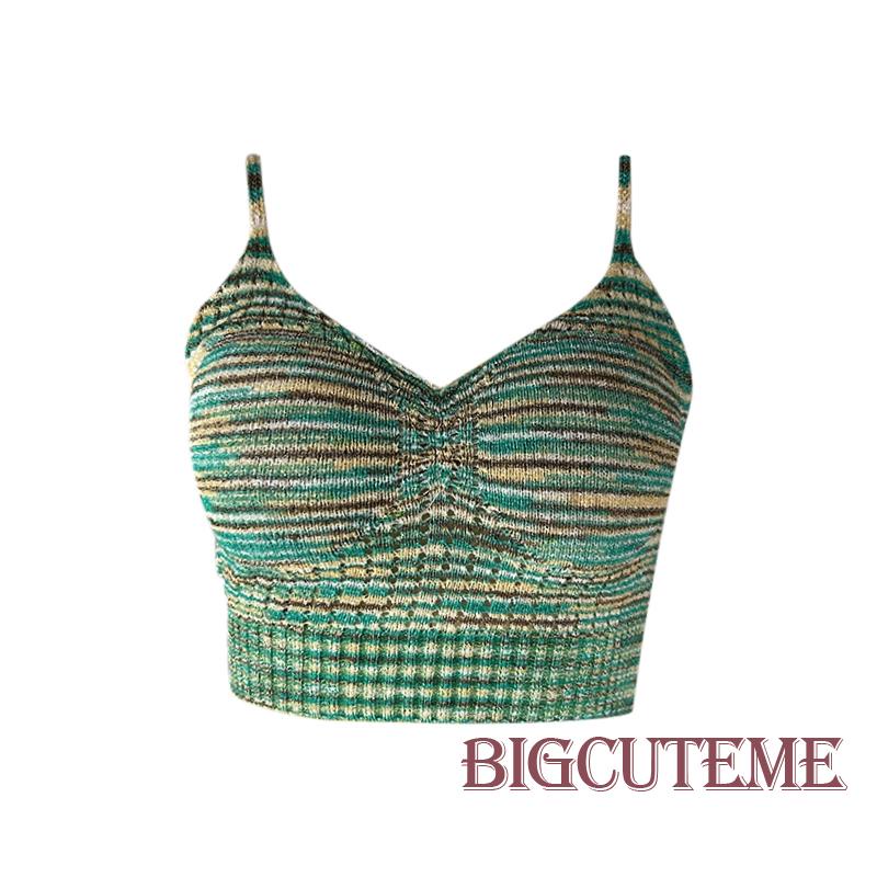 [] - Áo Croptop Dệt Kim Hai Dây Có Đệm Co Giãn Cổ Chữ V Kẻ Sọc Nhiều Màu Mùa Hè Cho Nữ Đi Câu Lạc Bộ Đường Phố
