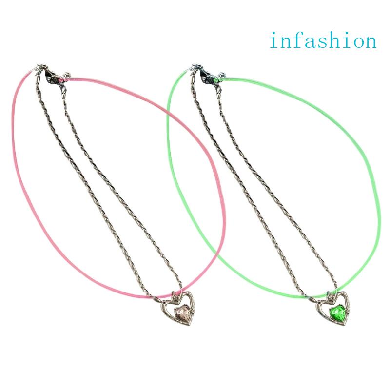 Vòng cổ Hai Lớp Mặt Trái Tim Màu Xanh Lá Hồng Y2K Dành Cho Nữ