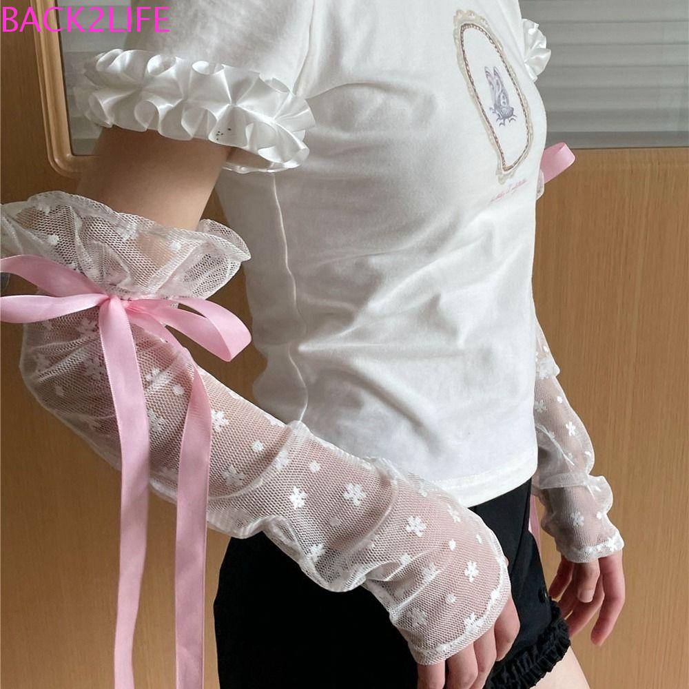 Găng Tay Chống Nắng Hở Ngón Phối Ren Ruy Băng Rỗng Thoáng Khí Bảo Vệ Cánh Tay Khi Lái Xe Cho Nữ Back2L