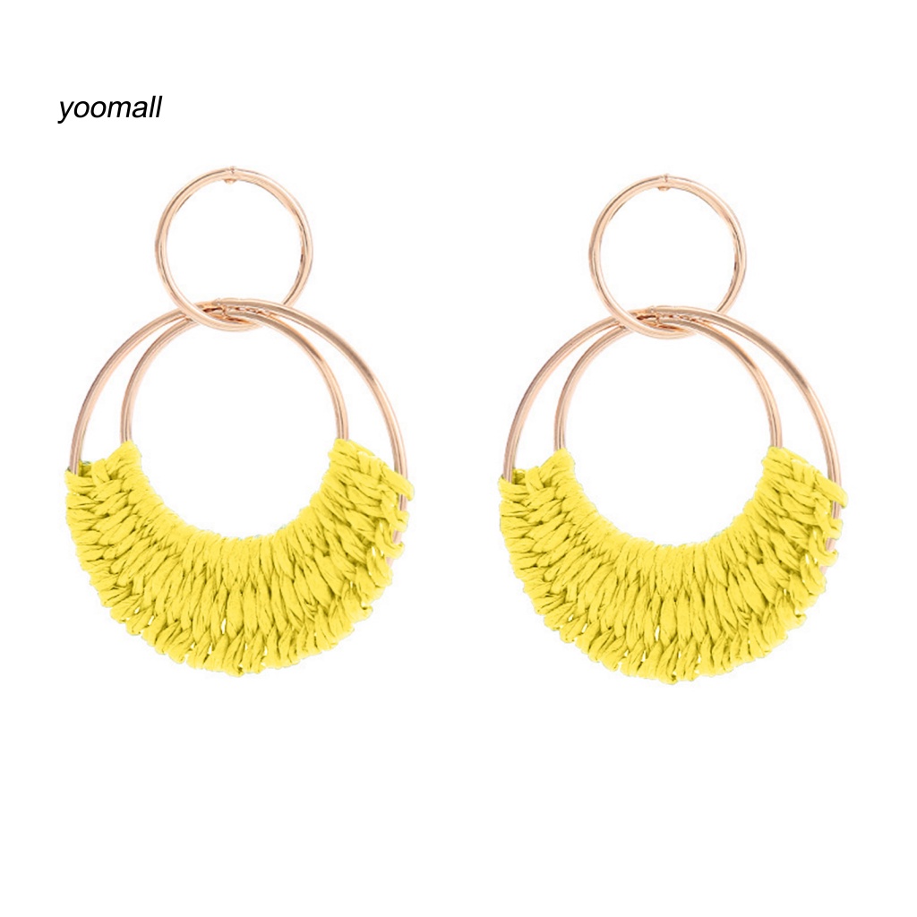 1 Đôi Khuyên Tai Tròn Đan Rơm Thời Trang Đi Biển Mùa Hè