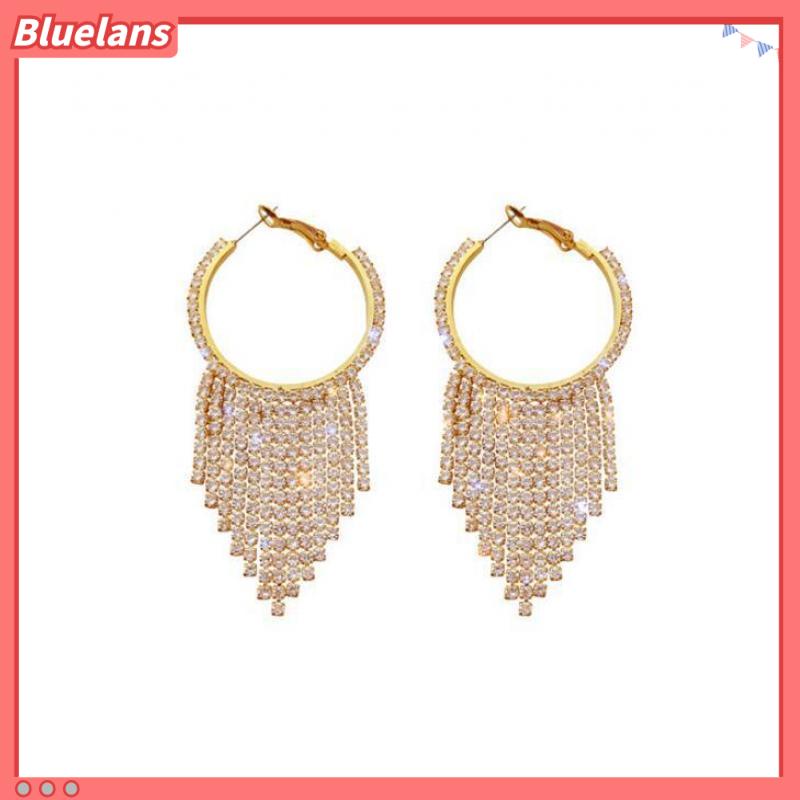 [BLS] Khuyên Tai Vòng Tròn Tua Rua Dài Đính Kim Cương Toàn Diện Mạ Điện Cá Tính Hợp Thời Trang Cho Nữ