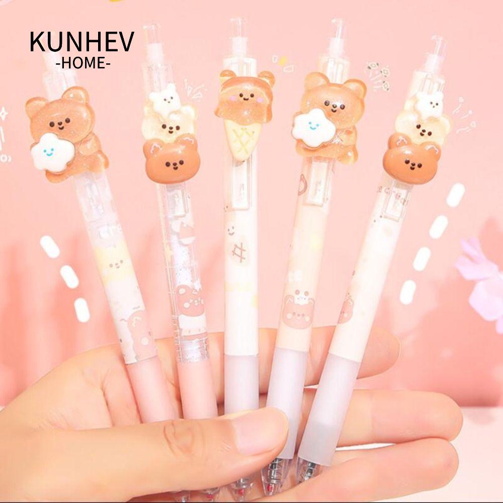 KUNHEV Set 6 Bút Mực Đen Ngòi 0.5mm Vỏ Mềm Hình Gấu Hoạt Hình Dành Cho Học Sinh Trung Tính