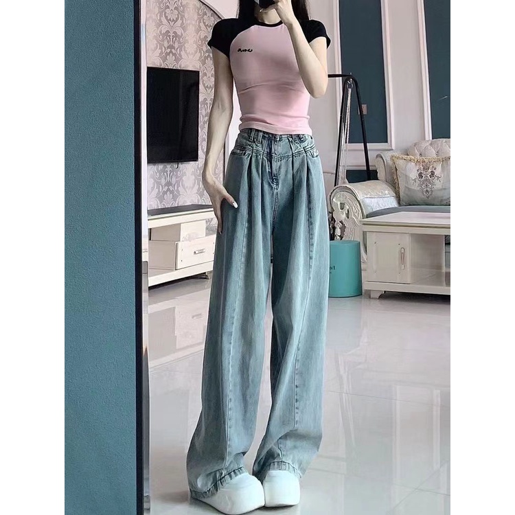 Quần Jean Ống Rộng Lưng Cao Thời Trang Mùa Hè Phong Cách Retro Mỹ Cho Nữ