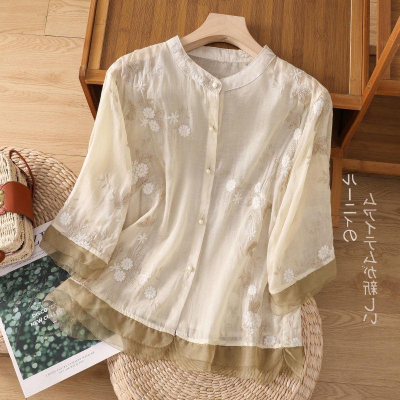 Áo Sơ Mi Vải Cotton Lanh Phối Ren Thêu Họa Tiết Nghệ Thuật Cổ Điển Mới Cho Nữ