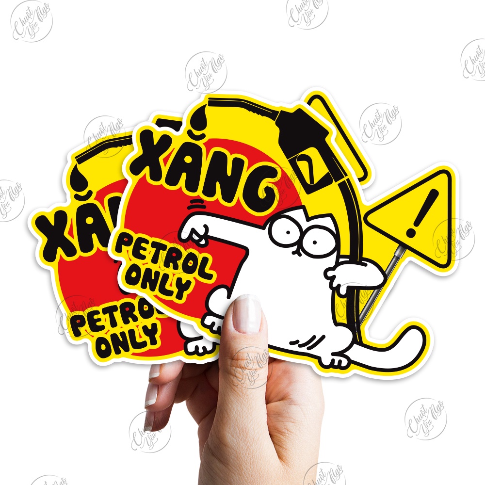 Combo 2 miếng dán trang trí bình xăng xe hơi ô tô cảnh báo chỉ đổ XĂNG CON MÈO petrol only
