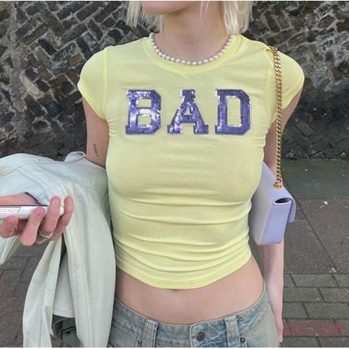 Áo Thun Lửng Ngắn Tay Cổ Tròn In Chữ Thời Trang Nữ Tính