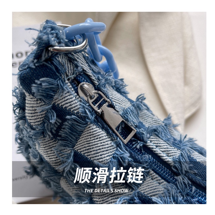 Túi Đeo Chéo Vai Bằng Vải Bạt Denim Đơn Giản Sành Điệu Có Dây Xích Kẻ Ô Bảng Thủ Công Cùng Một Số Cho Nữ