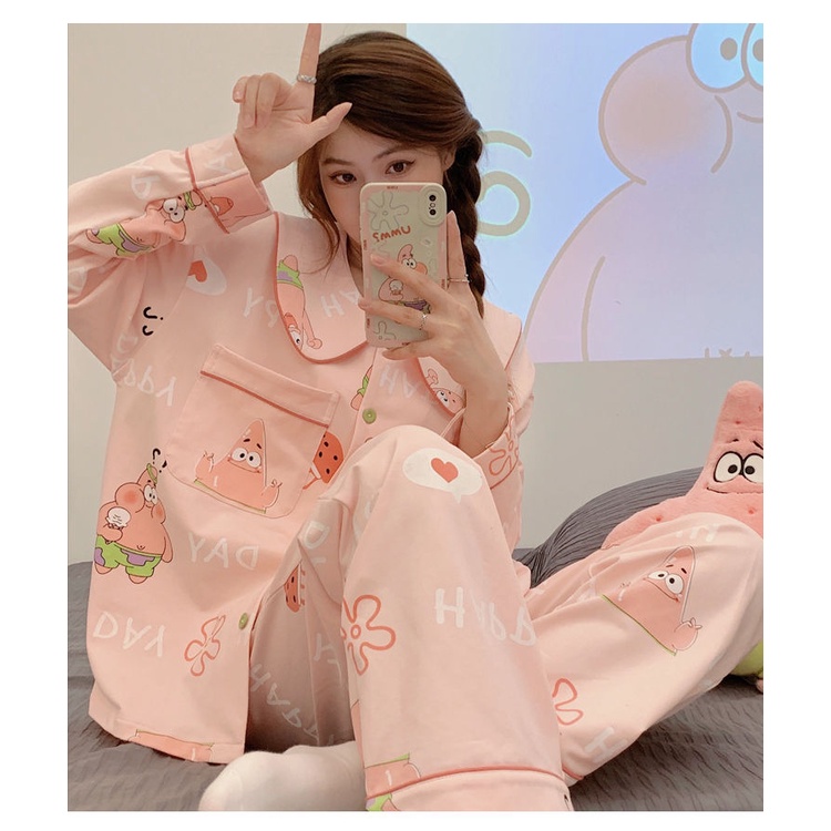 Bộ Đồ Ngủ Cotton Tay Dài Màu Trơn Họa Tiết Hoạt Hình Thời Trang Xuân Thu Mới Cho Nữ