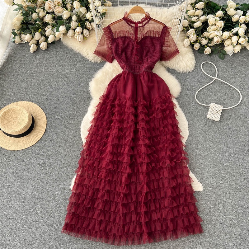 Đầm Chiffon Dáng Xòe Lưng Cao Tay Ngắn Thời Trang Mùa Hè 2023 Cho Nữ