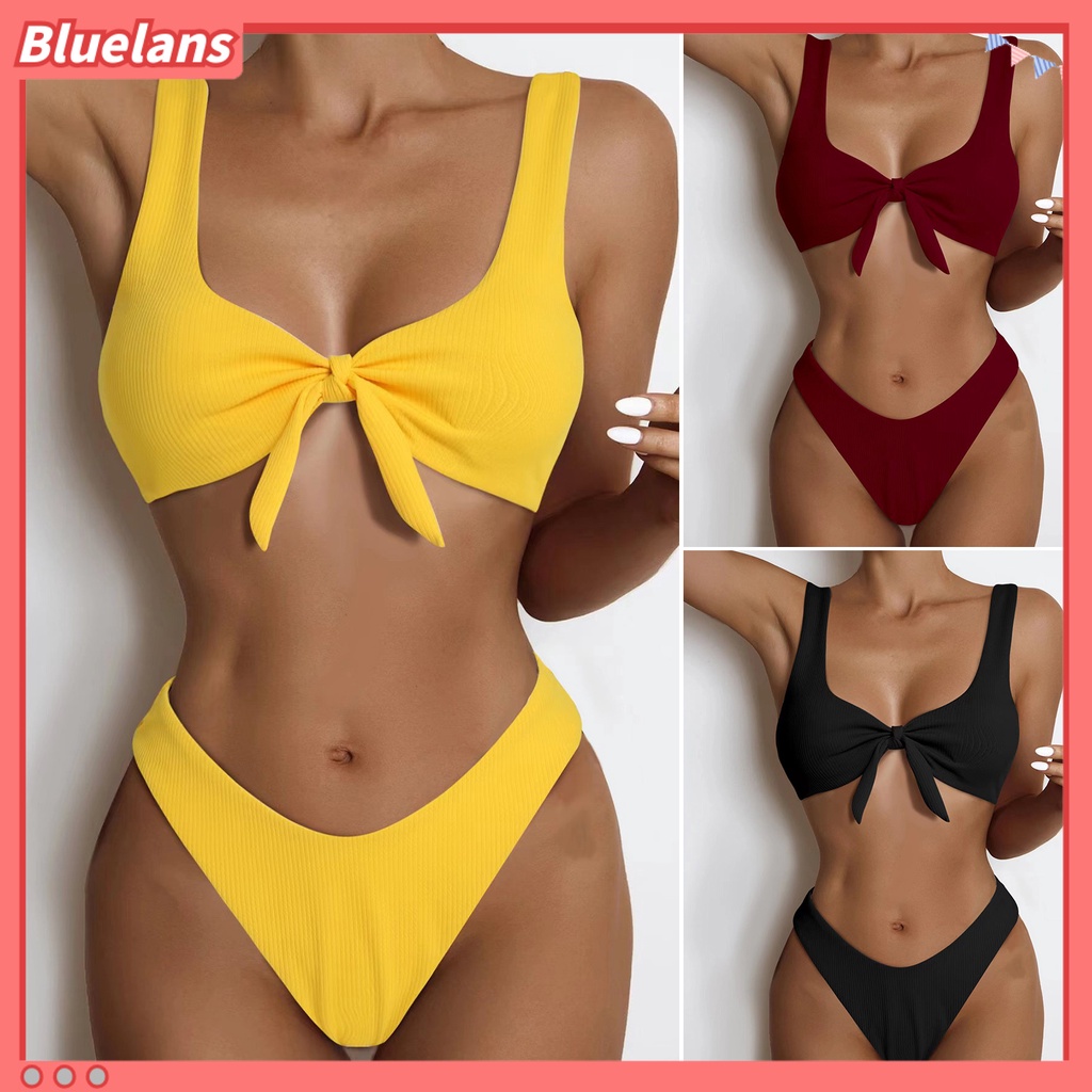 [BLS] Bộ Đồ Bơi Tam Giác Lưng Cao Thắt Nút Phía Trước Màu Trơn Gợi Cảm Cho Nữ