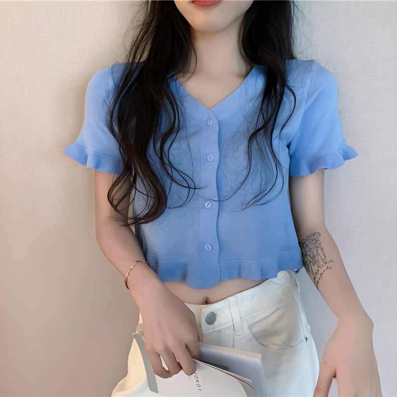 Áo Cardigan Dệt Kim Tay Ngắn Màu Trơn Thời Trang Mùa Hè Mới