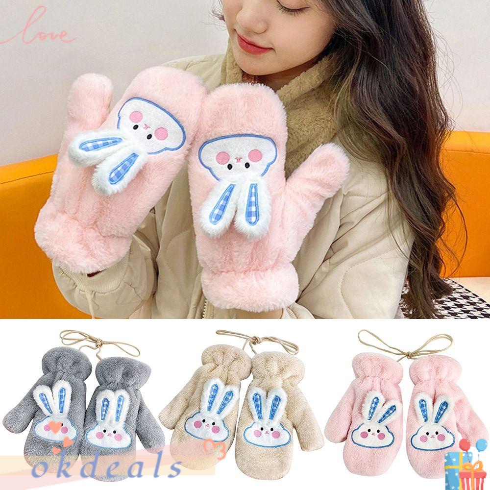 OKDEALS 1 Đôi Găng Tay Giữ Ấm Thêu Hình Thỏ Dễ Thương