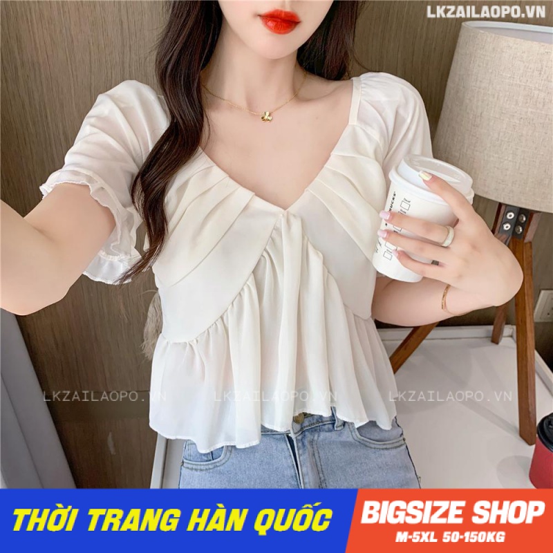 Áo sơ mi nữ tay ngắn Bigsize Áo sơ mi babydoll kiểu form rộng cổ chữ v trắng bánh bèo mùa hè Phong cách Hàn Quốc Thời Trang đẹp