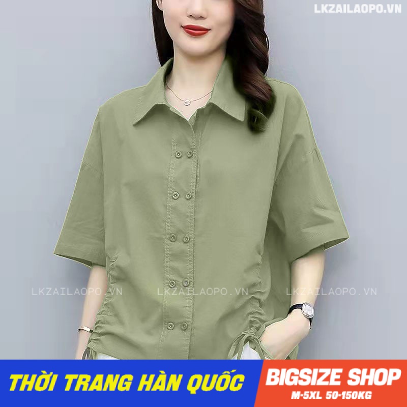 Áo sơ mi nữ tay ngắn Bigsize Áo sơ mi công sở basic form rộng có cổ thiết kế dây rút trơn mùa hè Phong cách Hàn Quốc Thời Trang đẹp