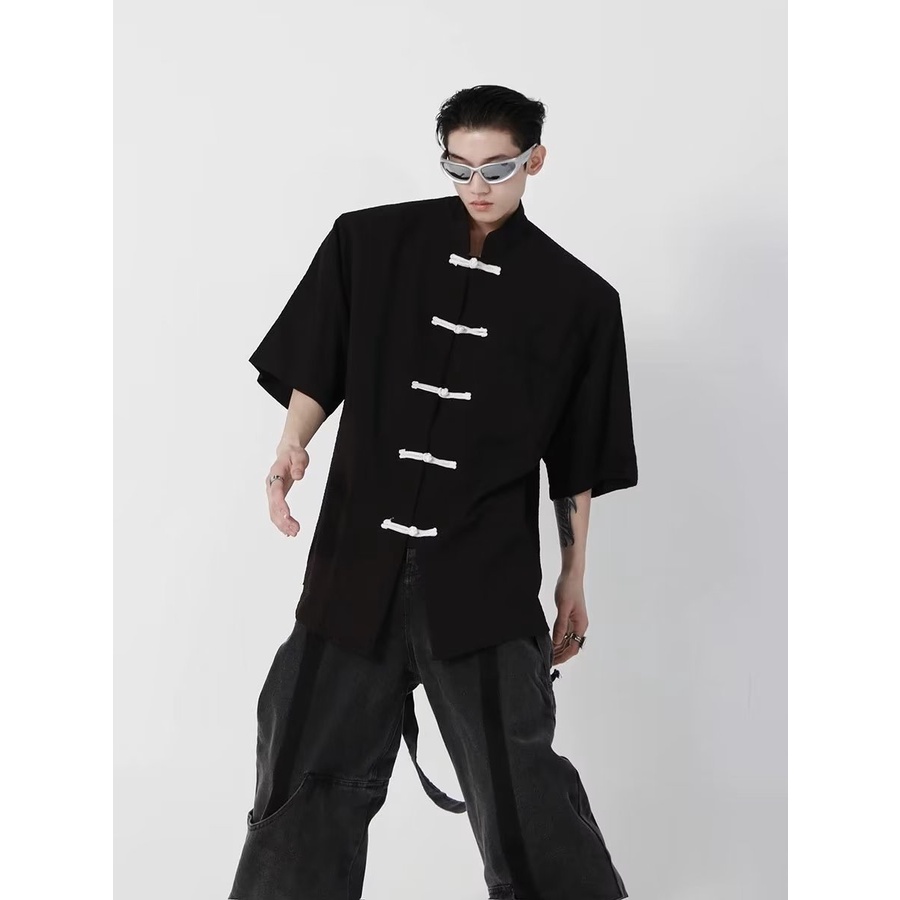 Áo Sơ Mi Ngắn Tay Cổ Đứng Cài Nút Dập Nổi Họa Tiết Phong Cách Trung Hoa