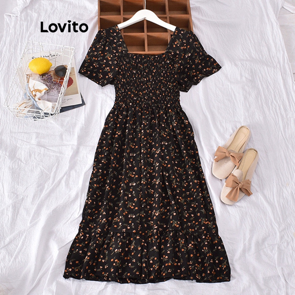 Lovito Váy midi chữ A tay ngắn xếp nếp in hoa phong cách Boho cho nữ LNE09185 (Tắt Trắng/Đen)