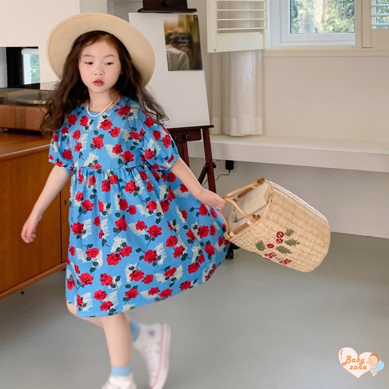 Korean Summer Girls' Round Neck Bubble Sleeves Flower Print Dress Children Baby Girl Fashionable Sweet Princess Dress