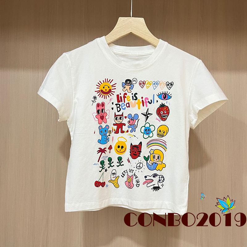 Áo Thun Tay Ngắn Cổ Tròn In Họa Tiết Hoạt Hình Phong Cách Đường Phố Cho Nữ