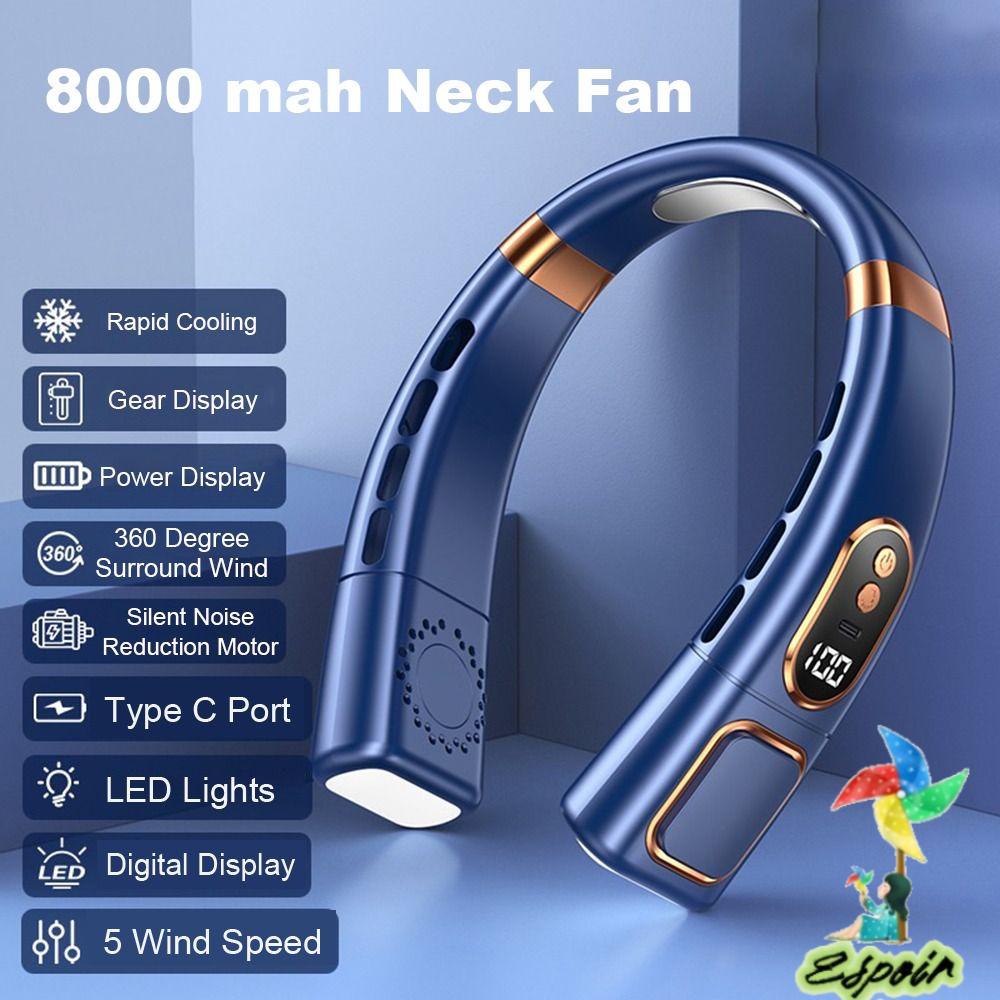 ESPO Quạt Làm Mát 8000mah Đeo Cổ Không Cánh Sạc Cổng USB Có Màn Hình LED Kỹ Thuật Số Dành Cho Mùa Hè
