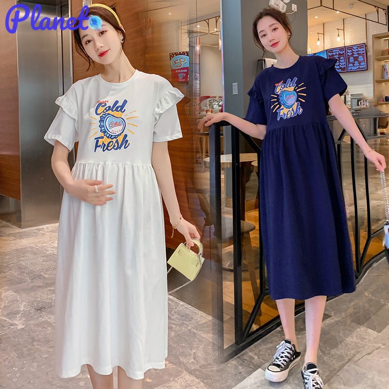 Planet Đầm Thun Midi Tay Ngắn Phong Cách Hàn Quốc Thời Trang Mùa Hè Xinh Xắn Cho Mẹ Bầu