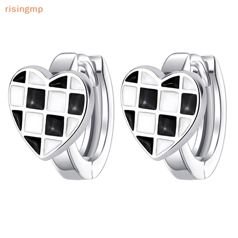 1 Đôi Bông Tai Bạc Hình Trái Tim Họa Tiết Sọc Caro Trắng Đen Sáng Tạo Thời Trang Cho Nữ
