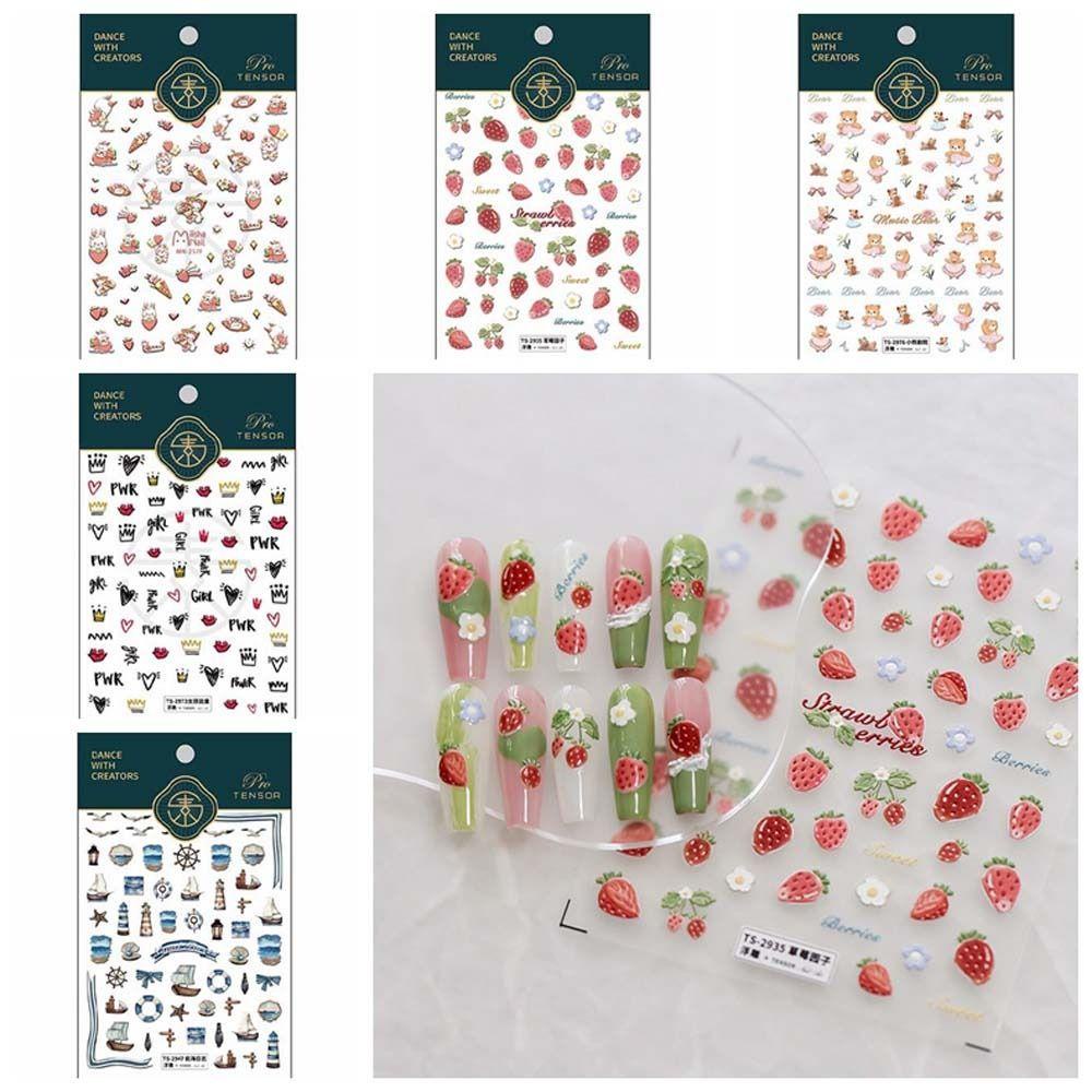 FALLFORBEAUTY Miếng Dán Trang Trí Móng Tay Họa Tiết Hoạt Hình Gấu / Thỏ / Dâu Tây Dễ Thương Cho Salon