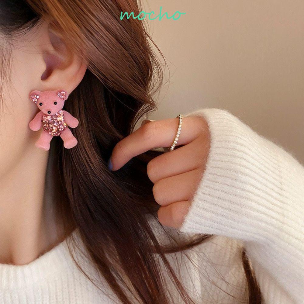 MOCHO Bộ Vòng cổ + Bông Tai Đính Đá Hình Gấu Hoạt Hình Màu Hồng