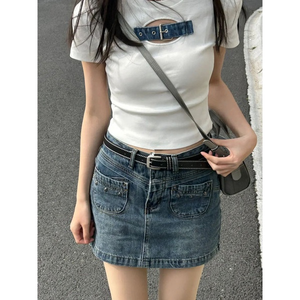 JINSHIHUI áo croptop Áo Thun nữ baby tee Thiết kế ít eo slim hottie 2023 NEW JUL1329