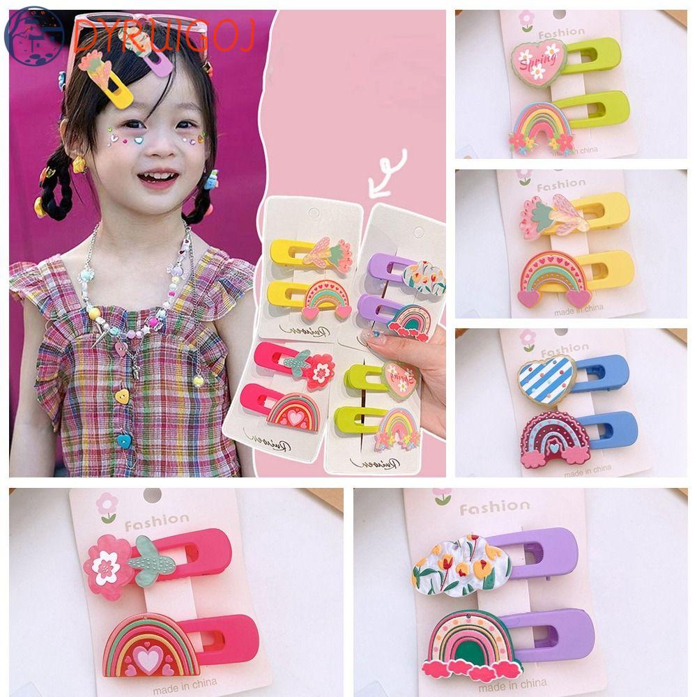 DYRUIDOJ Bộ 2 Kẹp Tóc Bằng Acrylic Họa Tiết Hoạt Hình Trái Tim / Bông Hoa Màu Cầu Vồng Xinh Xắn Cho Bé Gái