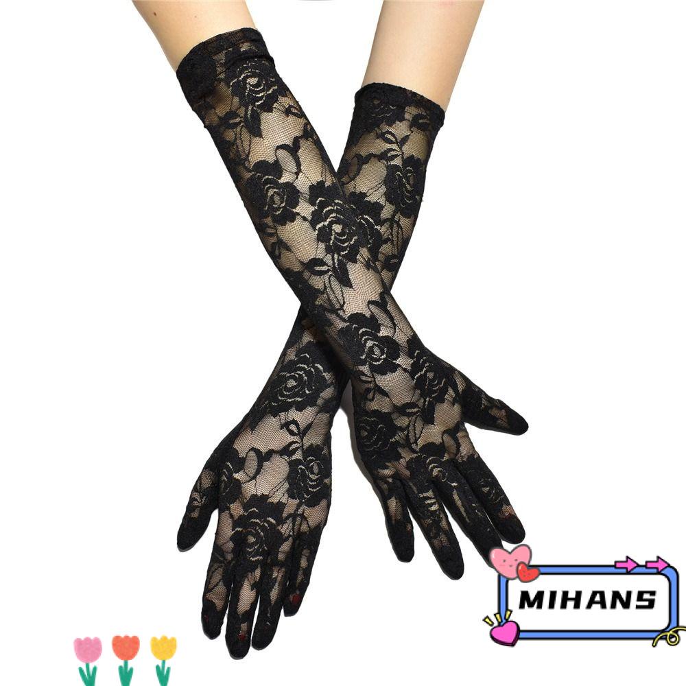 MIH Găng Tay Chống Nắng Màu Đen Phối Ren Co Giãn Phong Cách Punk