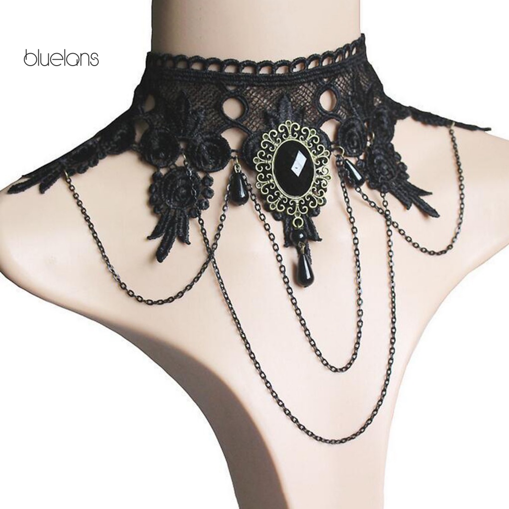 Vòng Cổ Choker Ren Màu Đen Gắn Đá Pha Lê Nhân Tạo Phối Tua Rua Phong Cách Gothic Punk Cho Nữ
