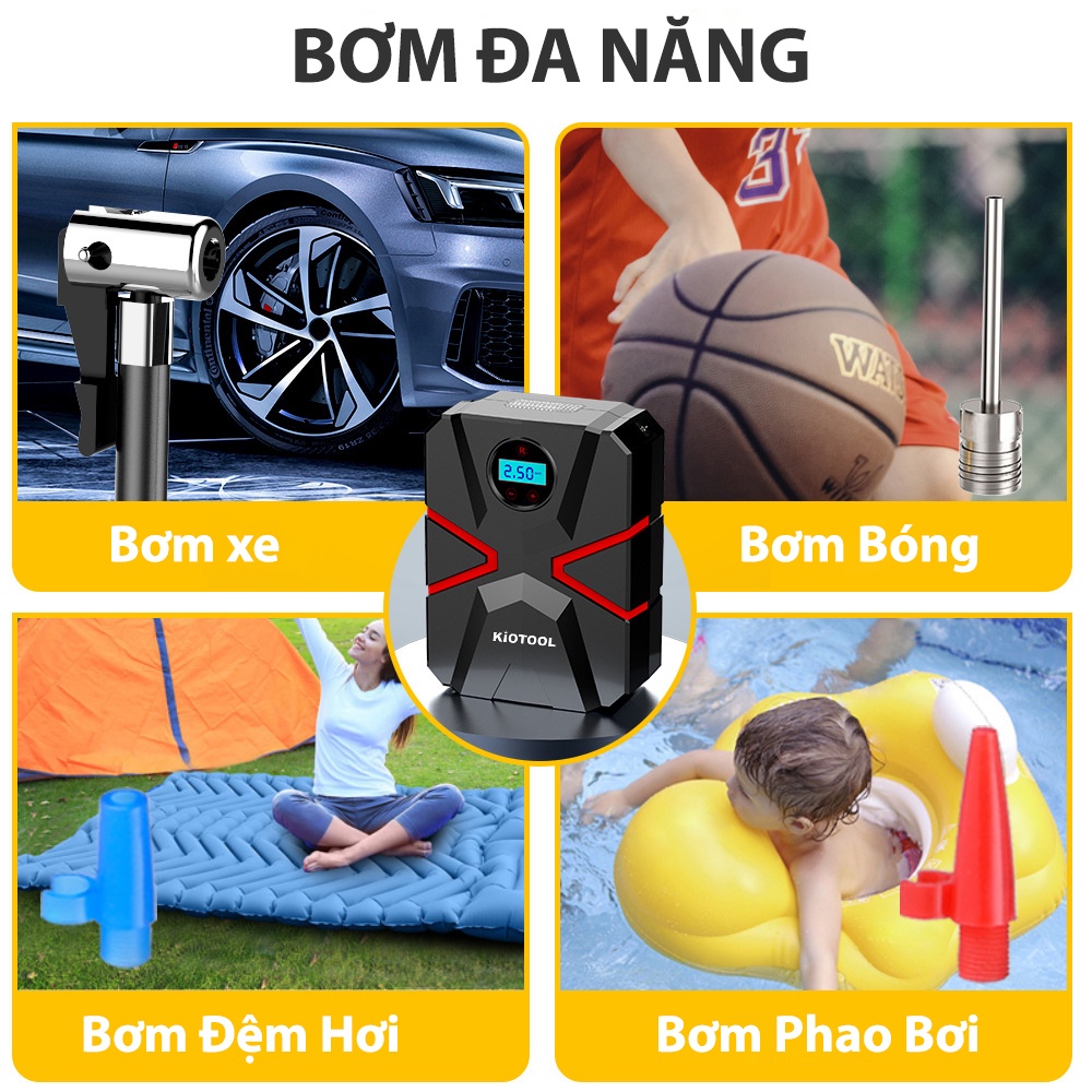 Bơm lốp ô tô, xe hơi Kiotool tự ngắt đồng hồ điện tử phù hợp với mọi dòng ô tô