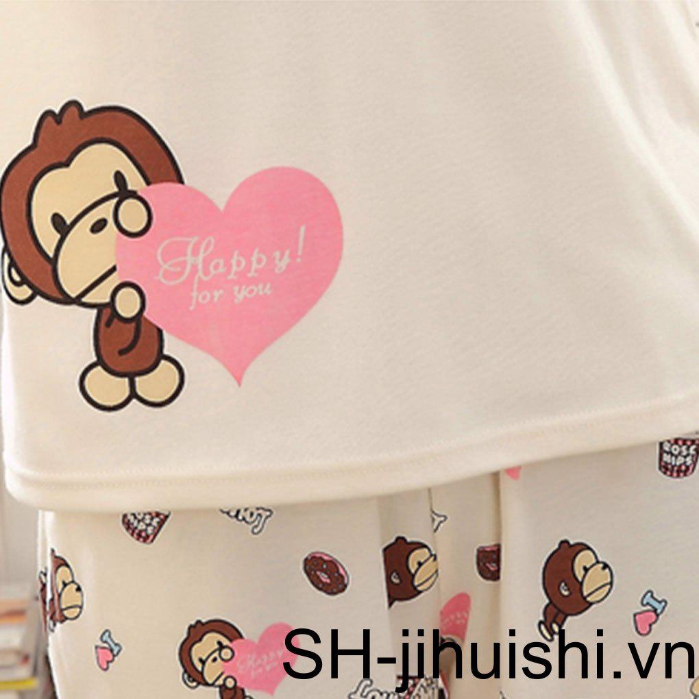 Bộ Đồ Ngủ Tay Dài Cổ Tròn In Họa Tiết Khỉ Hoạt Hình Dễ Thương Thời Trang Mùa Xuân Cho Nữ